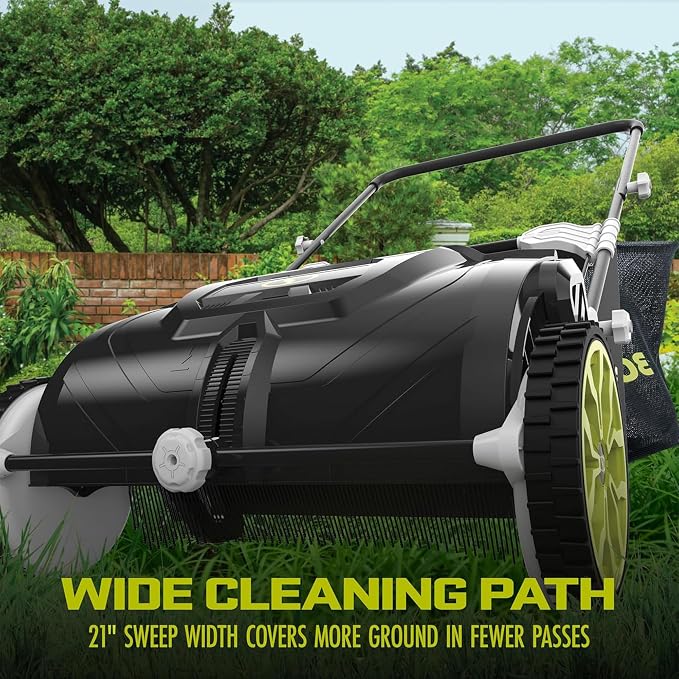 Sun Joe Manual Leaf Sweeper & Lawn Sweeper, 21 in. Push Sweeper with 22-Gal Collection Bag, Adjustable Height, Lightweight, No Battery or Gas Needed