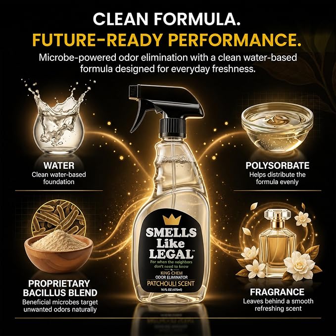 Smells Like Legal™ Patchouli Odor Eliminator Spray – Powerful Commercial-Grade – Eliminates Smoke, Pet & Food Odors at source – Fabric-Safe, Non-Staining – Biodegradable Air & Fabric Freshener – 16 oz | Commercial-Grade, Eliminates Smoke, Pet & Food Od...
