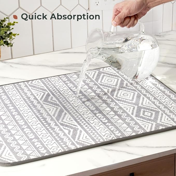 FRESHMINT Printed Dish Drying Mats for Kitchen Counter 2 Pack Absorbent Reversible Drying Mats Microfiber Kitchen Countertop Protector Dishes Drying Pad Extra Large 18"x16" Dish Mat