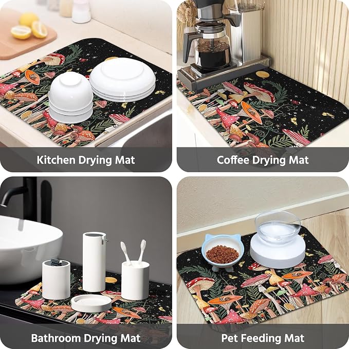 Dish Drying Mat for Kitchen Counter 18x24 Inch, Super Absorbent Dish Drainer Mat, Decorative Microfiber Dishes Drying Pad-Large(Mushroom)