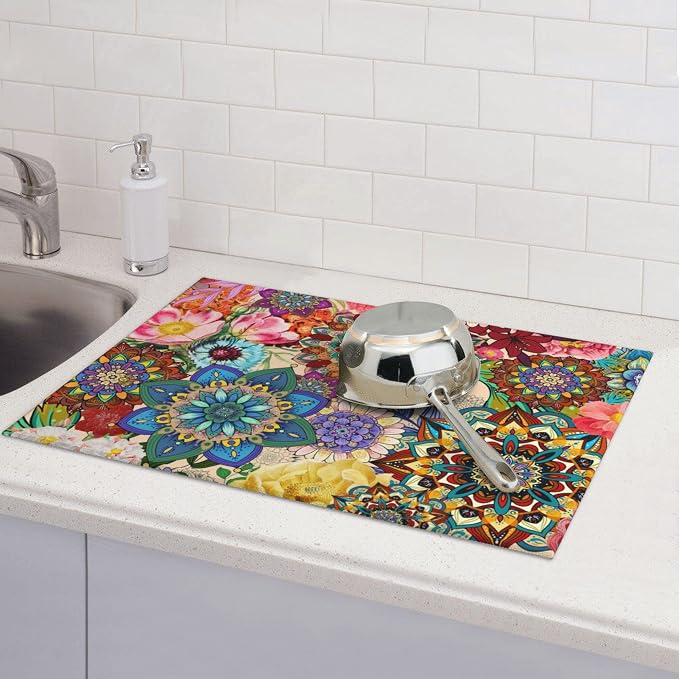 Colorful Flowers Dish Drying Mat for Kitchen Counter Absorbent Reversible Boho Floral Drying Pad Kitchen Decor Dish Drainer Rack Mats 18"x24"
