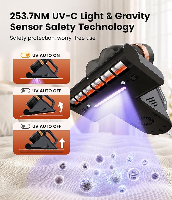 Mattress Vacuum Cleaner, 15Kpa Bed Vacuum Cleaner with UV-C Light Technology & Thermal Care, HEPA Filter & Ultrasonic, Versatile Handheld Vacuums Machine Deep Cleaner for Bed, Couch, Sofa, Crib