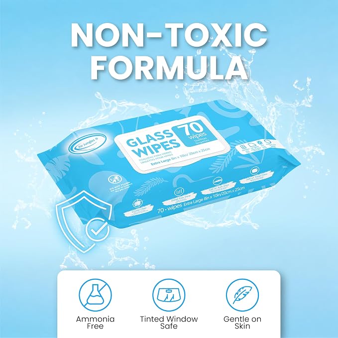 Air Jungles Glass & Window Cleaner Wipes 70 Count, XL 8x10 Inch | Ammonia-Free, Streak-Free, Safe For Car Windshield, Headlight, Mirror, Tile & Home Glass, Removes Fingerprints, Dust, Dirt