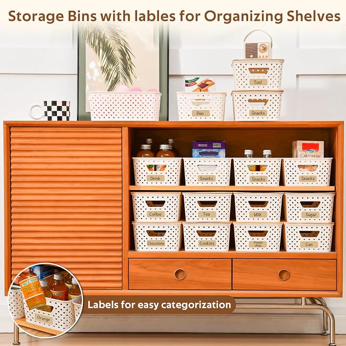 8 Pack Plastic Storage Bins with Bamboo Lids - Stackable Storage Baskets with Handle for Pantry Organizer and Storage, Plastic Containers Bins Lidded Storage Bins for Classroom Office Shelves