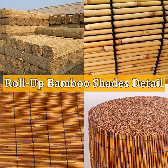 Outdoor Retro Bamboo Shades for Home Garden Bamboo Porch Light Filtering Roller Blinds Cordless Waterproof Sun Shade Roll Up Curtain with Lifter Blackout Privacy Screen