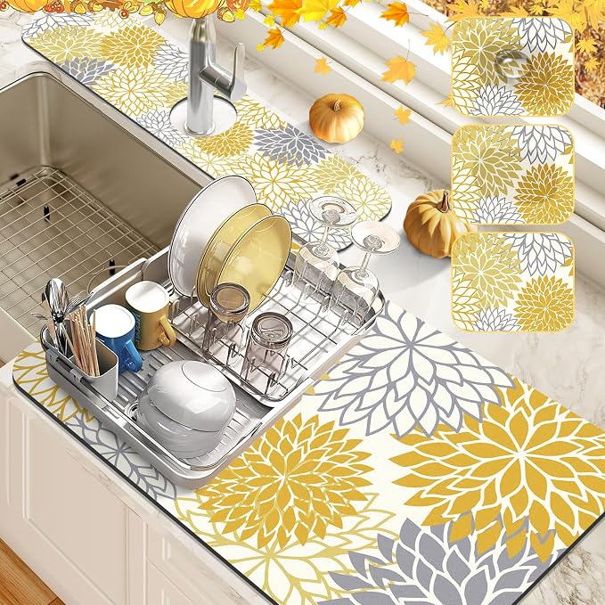 Findosom 2PCS 16" x 24" Fall Dish Drying Mat & 24" x 5.5" Sink Splash Guard, Super Absorbent & Cuttable Dish Mat Drying Kitchen Mat with Yellow Floral, Hide Stain Drying Mat for Kitchen Counter