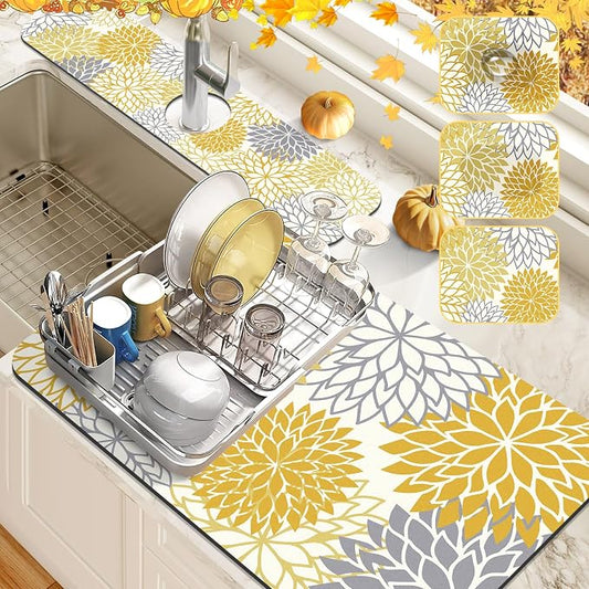 Findosom 2PCS 16" x 24" Fall Dish Drying Mat & 24" x 5.5" Sink Splash Guard, Super Absorbent & Cuttable Dish Mat Drying Kitchen Mat with Yellow Floral, Hide Stain Drying Mat for Kitchen Counter