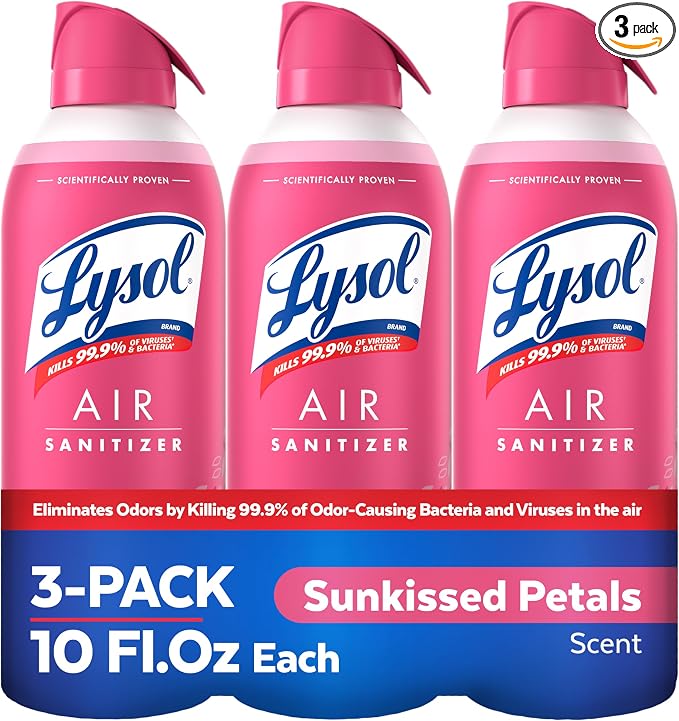 Lysol Air Sanitizer Spray with Bacterial Odor Eliminator for Home & Office, Sanitizing Air Spray, Air Freshener Alternative, Sunkissed Petals Scent, 10 oz (Pack of 3)