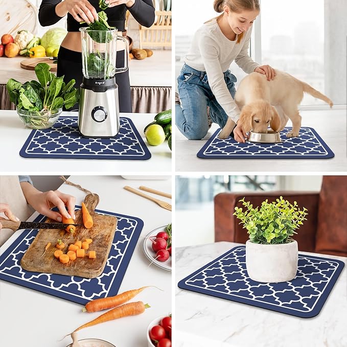 WISELIFE Dish Drying Mat Super Absorbent Drying Mat Large Dish Drying Mats for Kitchen Counter Easy Clean Dish Mat Kitchen Drying Mat15"x 18" Stylish Blue