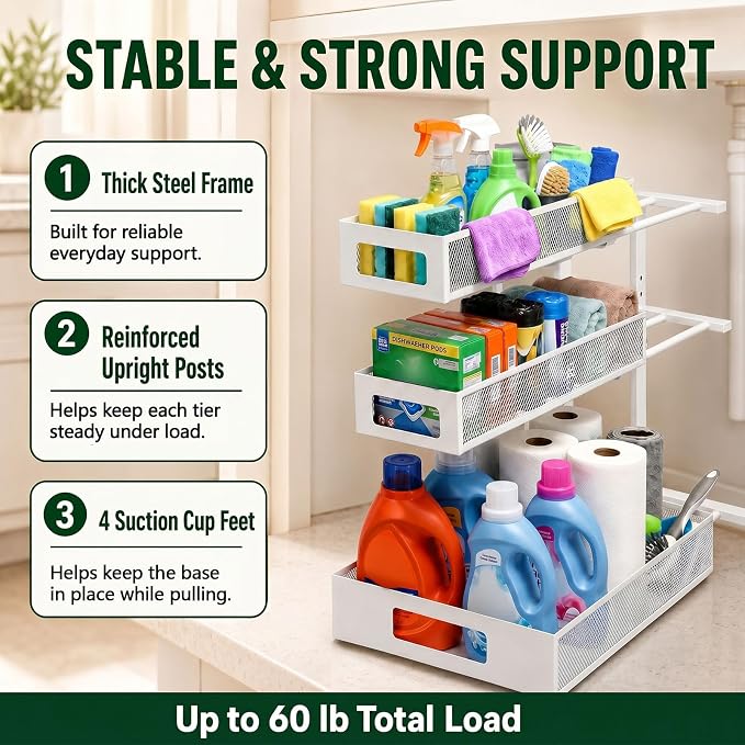 3 Tier Under Sink Organizer,2 Pack Pull Out Cabinet Shelves with Adjustable Height,Heavy Duty Carbon Steel L-Shaped Storage for Kitchen Bathroom Sink,Pantry & Laundry,White