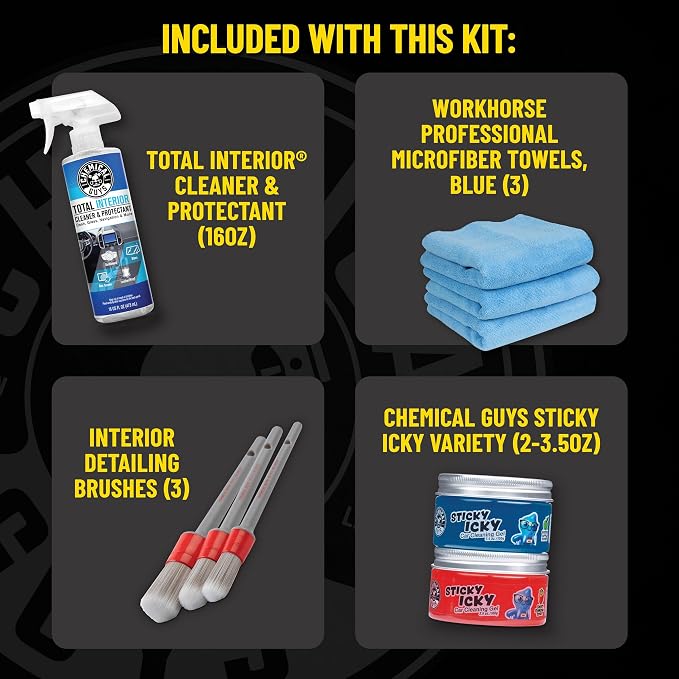 Chemical Guys, 10-Piece Interior Cleaning Kit, Cleaner, Brushes, Gel & Bag | Reaches vents, seams and screens most sprays miss, a complete set to detail every surface, and a solid gift