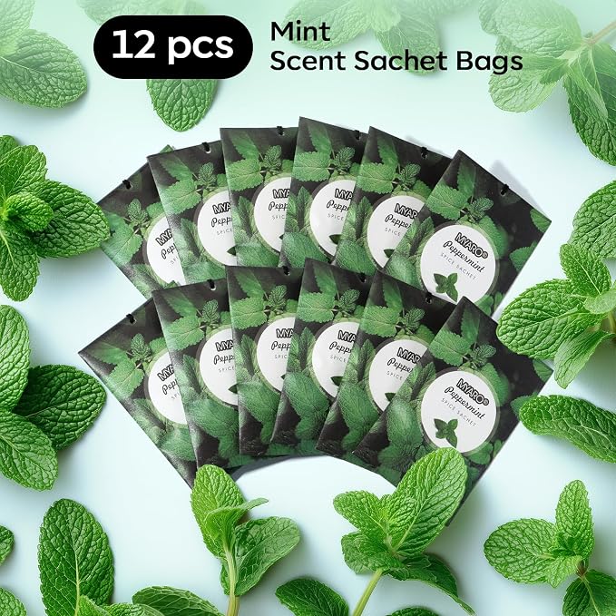 MYARO 12 Pack Peppermint Scented Sachets for Drawer, Closet Odor Eliminator Air Freshener Bags, Cool Mint Fragrance for Car & Home Aroma
