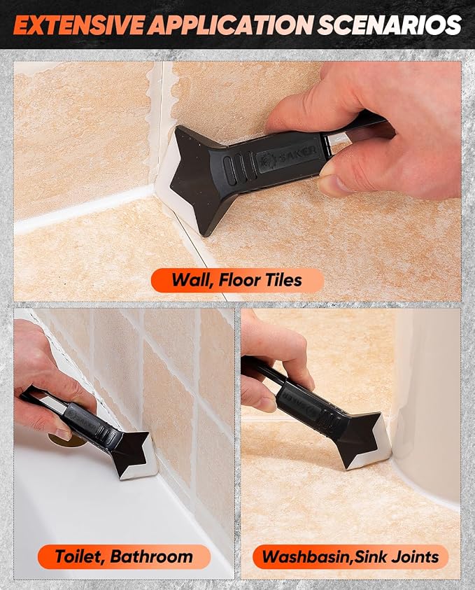 Saker Silicone Caulking Tool 3-in-1 Grout Removal Tool Classic Black | Sealant Finishing Scraper with Stainless Steelhead, Seam Repair Kit for Bathroom, Kitchen, Floor, Window and Sink Joints
