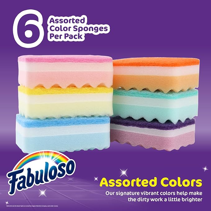 Fabuloso Scratch-Free Kitchen Dish Sponges Rainbow Cellulose Scrubber Sponge with Scouring Pad Dishes Pots Pans Counters and Sinks Tough on Messes 4.25 x 2.75 x 1.25 in 6 Count Single Pack Supply