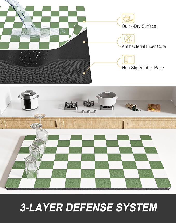 Rnivvi Dish Drying Mat for Kitchen Counter, XL 15 x 24" Cute Checkered Absorbent Draining Pad, Non-Slip Heat Resistant Coffee Bar Mat for Coffee Machine Station Accessories, Green White Dish Rack Pad