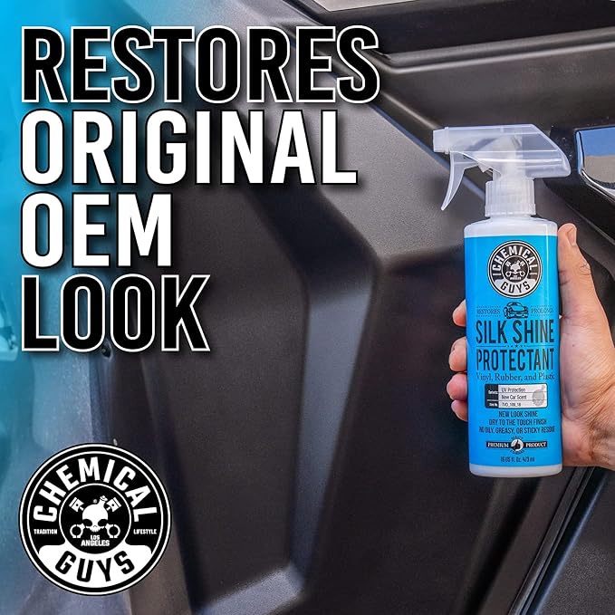 Chemical Guys, Silk Shine Vinyl, Rubber & Trim Satin Dressing, 16 oz, 2 Pk | Dries to a natural satin look with no greasy sling, works indoors and out on dashboards, door panels, bumpers and tires
