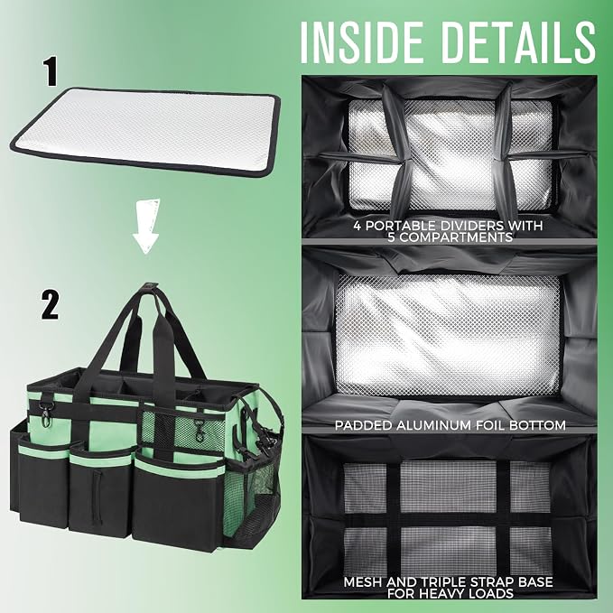 SCAVATA Wearable Cleaning Caddy, Cleaning Caddy Supplies Organizer with Handle & Shoulder Straps for Housekeepers, Under Sink & Car Cleaning Tool Organizers Bag with 4 Foldable Divider (MintGreen)