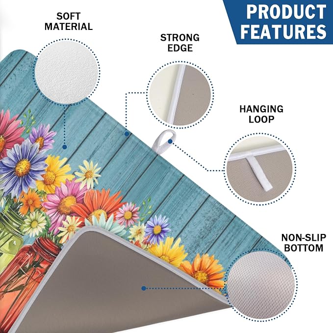 Vintage Floral Dish Drying Mat for Kitchen Counter Rustic Flower Vases Wooden Board Microfiber Dish Drainer Mat Spring Summer Absorbent Washable Drying Pad Extra Large 18"x24"
