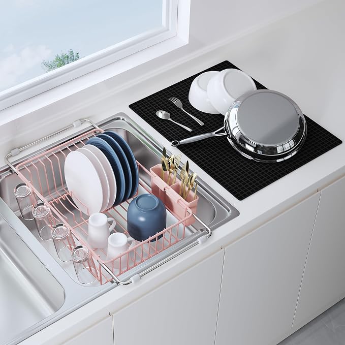 JASIWAY Pink Dish Drying Rack in Sink with Mat, Expandable Stainless Steel Dish Drainers for Kitchen Counter, Space Saving Dish Dryer for Inside Sink, Over Sink Dish Racks with Utensil Holder
