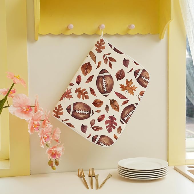 Fall Dish Drying Mats 18x24 Inches for Kitchen Counter Orange Football Maple leaves Fall Kitchen Decorations Drying Mats Autumn Thanksgiving Mat Drying Pad for Kitchen Dining Room Decor