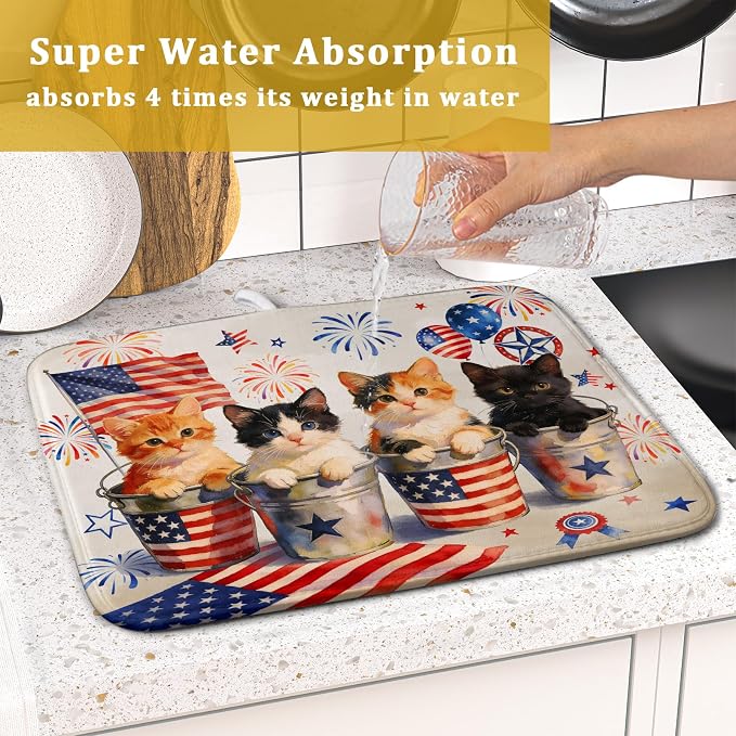 Happy 4th of July Patriotic Dish Drying Mat 16 x 18 In Independence Day Vintage Kitchen Drying Mat