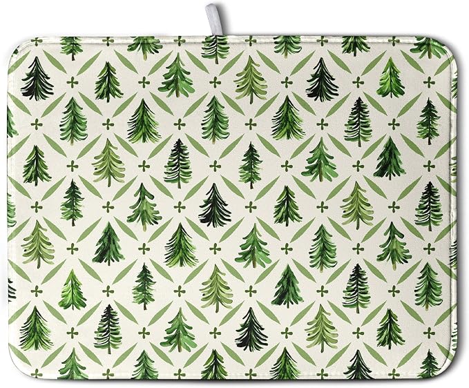 Christmas Dish Drying Mat for Kitchen Counter 18x24 Inch Sage Green Xmas Tree Drying Pad Winter Holiday Dish Draining Mat Microfiber Absorbent Dish Drainer Rack Mat for Coffee Bar