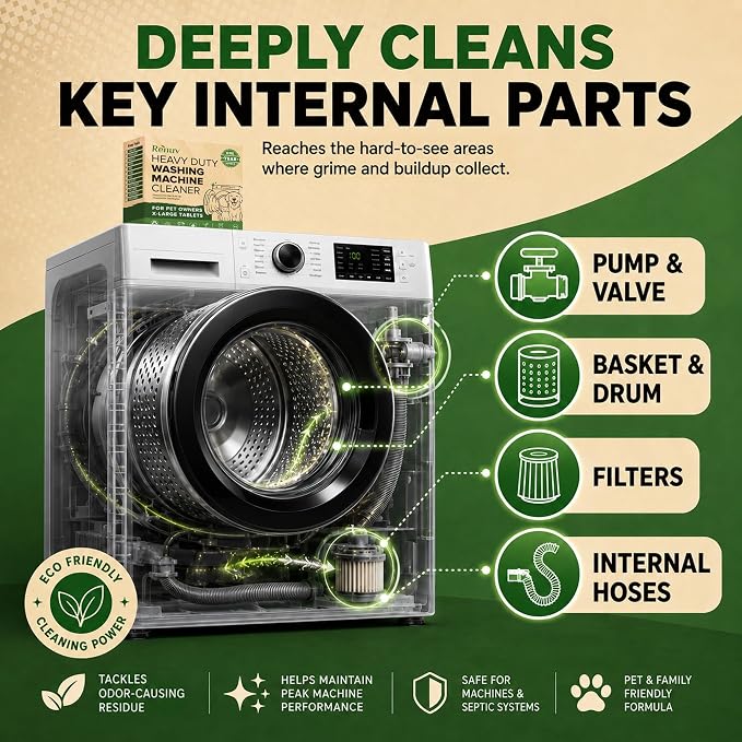 Renuv® Heavy Duty Washing Machine Cleaner For Pet Owners, 12 XL Tablets | For Dog & Cat Hair, Removes Stink, Odor, Residue, Grime, Front Load or Top Load Washer, HE and Septic Safe, 1 Year Supply