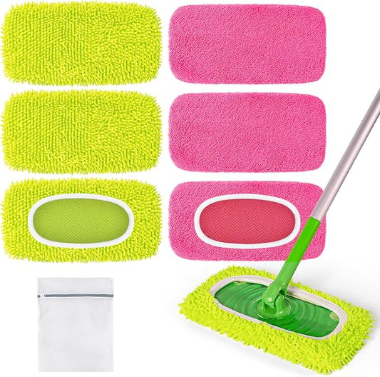 6 Pack Reusable Mop Pads for Swiffer, Washable Wet Pads Refill, Green&Pink | Compatible with Swiffer Sweeper Mop | Microfiber Mop Pads for Swiffer | Dry Sweeping Cloths for Mopping Floors