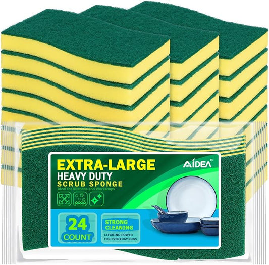 AIDEA Sponges Kitchen, 24-PK XL Heavy Duty Dish Sponges, Scrub Sponges | Dish Sponges Stink-Free, Extra Large Cleaning Dish Scrubber Sponges for Home & Bathroom, Sponges Bulk Supplies for Pots/ Pans