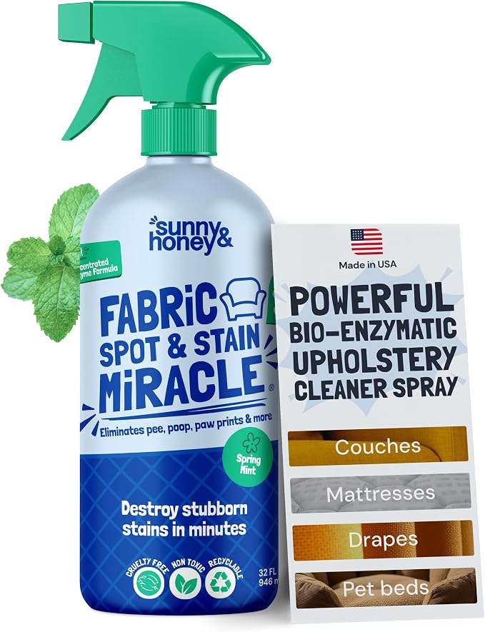 Sunny & Honey Upholstery Cleaner Spray for Furniture & Fabrics, 32floz Mint | Made in the USA - Enzymatic Mattress, Fabric, Upholstery and Couch Cleaner - Color Safe - Removes Old and New Stains