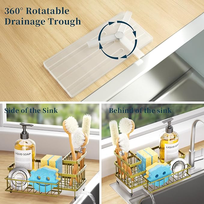 Consumest Sponge Holder for Kitchen Sink - Auto Draining Sink Caddy Organizer with Detachable Rack, High Brush Holder, Kitchen Countertop Storage Accessories, Light Gold