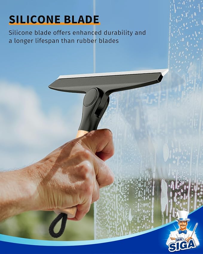 MR.SIGA Silicone Squeegee for Shower Door, Mirror, Glass, 10 inch, Black | Streak free shower squeegee for windows, showers and glass surfaces, pivoting bamboo handle, includes 1 suction hook