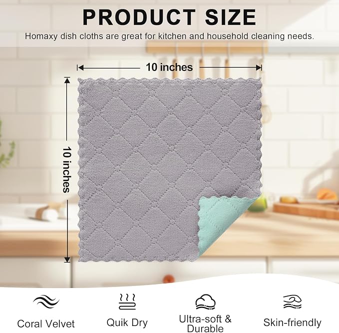 Homaxy 12 Pack Kitchen Cloths Dish Towels (10" x 10", Grey & Green), Super Soft and Absorbent Dish Cloths, Coral Velvet Microfiber Cleaning Cloth, Nonstick Oil Fast Dry Dishcloths