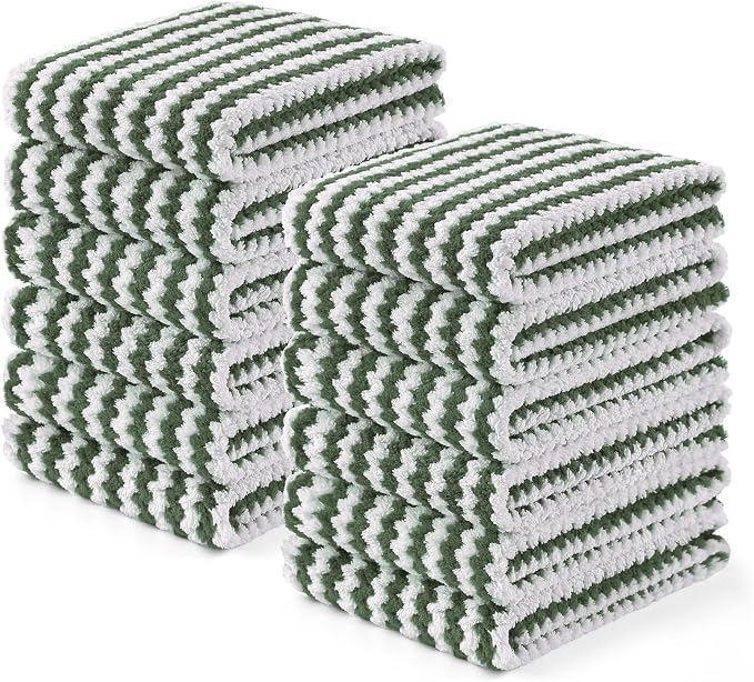 Homaxy Kitchen Towels(12 Pack, 10 x 20 inches), Ultra Soft and Absorbent Dish Towels, Reusable Fast Drying Microfiber Cleaning Cloth, Coral Velvet Wave Design No-lint, Grass Green