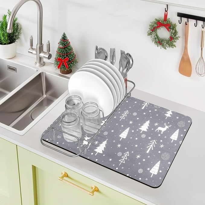 Christmas Dish Drying Mat, 12" x 19" Drying Mat for Kitchen Counter, Super Absorbent Coffee Mats Fits Under Coffee Maker, Kitchen Accessories for Espresso Machine, Gray