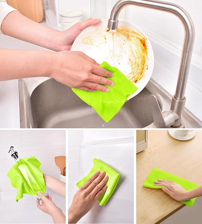 KitchLife Microfiber Cleaning Cloth Roll - Tear-Away Reusable Microfiber Paper Towels, Lint-Free, Washable, 20 Sheets for Kitchen, Car, Dishes, and Sensitive Surfaces (Neon Green)
