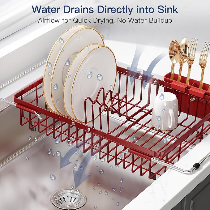 JASIWAY Expandable Stainless Steel Red Dish Drying Rack Over The Sink for Small Kitchen, Counter Space Saving Compact Plate Drainer Strainer, Adjustable Hanging Metal Dish Dryer with Utensil Holder