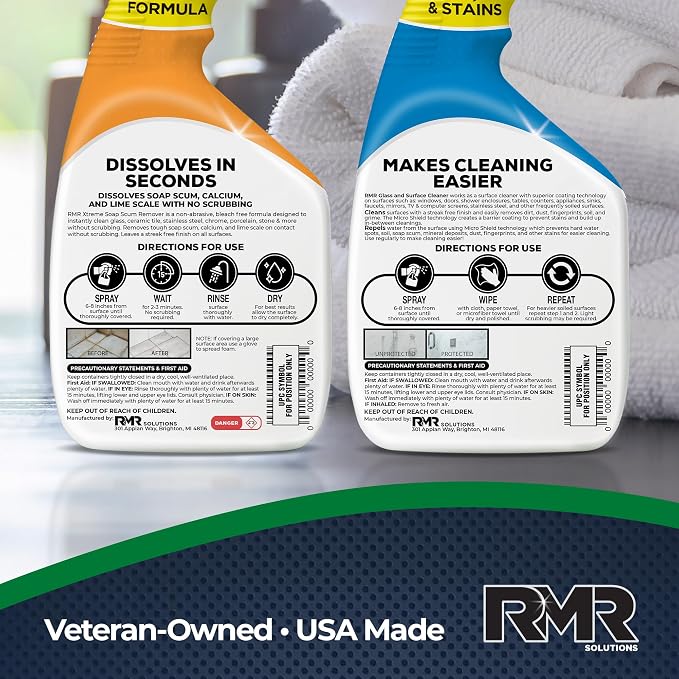 RMR Shower Shield Power Pack – Glass & Surface Cleaner/Repellent + Xtreme Soap Scum Remover, Multi-Surface Cleaning Kit for Bathroom, Tile, Glass, & Surfaces, 2–32 Oz Bottles