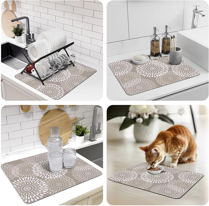 LuxStep Dish Drying Mat Super Absorbent Kitchen Counter Mat Rubber Backing Draining Mat Easy to Clean Kitchen Accessories Dish Rack Pad for Dishes, Utensils, Countertops, Sinks 15" x 18" Khaki
