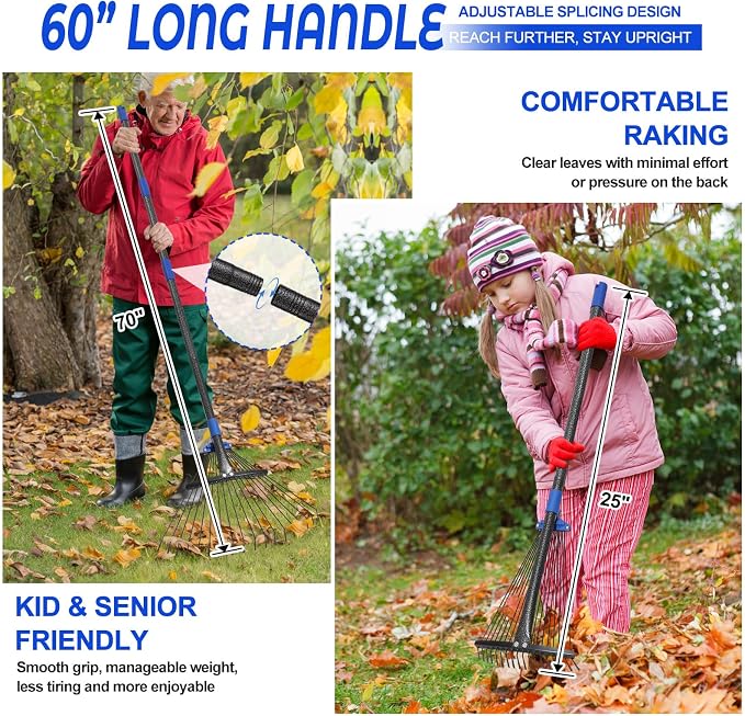 Garden Leaf Rake Set: 18 Tines Adjustable Rake, 2 Leaf Scoops, 32Gallon Leaf Bag, Metal Leaf Rakes with 8-17" Expandable Head, 60” Long Handle, Heavy Duty for Women Kids Lawn Yard Leaves Raking