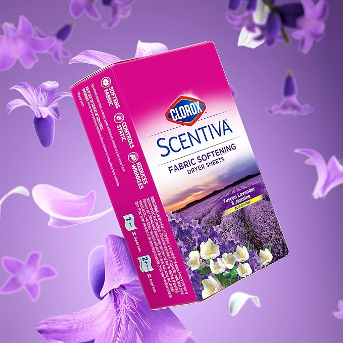 Clorox Scentiva Fabric Softening Dryer Sheets | Fabric Sheets in Tuscan Lavender & Jasmine | 40 Count Dryer Sheets That Reduce Wrinkles and Reduce Static Cling (Pack of 2)