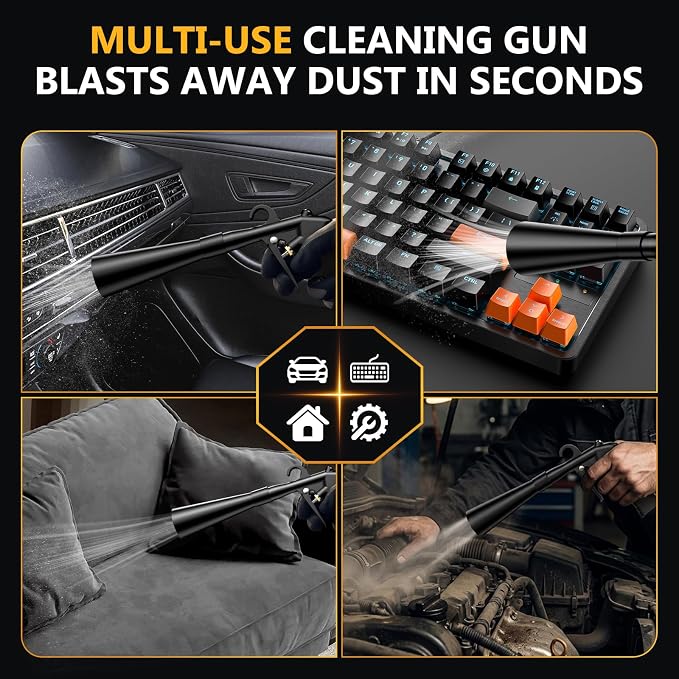 Air Cleaning Gun for Car Detailing, Works with Air Compressor | Aluminum alloy air blaster with 0-230 PSI airflow, Soft brush and 3 adapters for vents, Seat gaps and garage cleanup