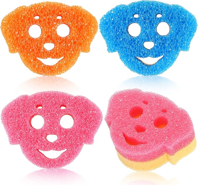 FillTouch 3 Pcs Dual Sided Scrub Sponge Multi Functional Cute Temperature Sensitive Non Scratch Dish Sponge for Washing Dishes Kitchen Bathroom(Dog,Pink, Orange, Blue)