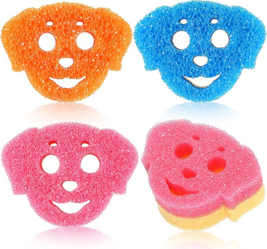 FillTouch 3 Pcs Dual Sided Scrub Sponge Multi Functional Cute Temperature Sensitive Non Scratch Dish Sponge for Washing Dishes Kitchen Bathroom(Dog,Pink, Orange, Blue)