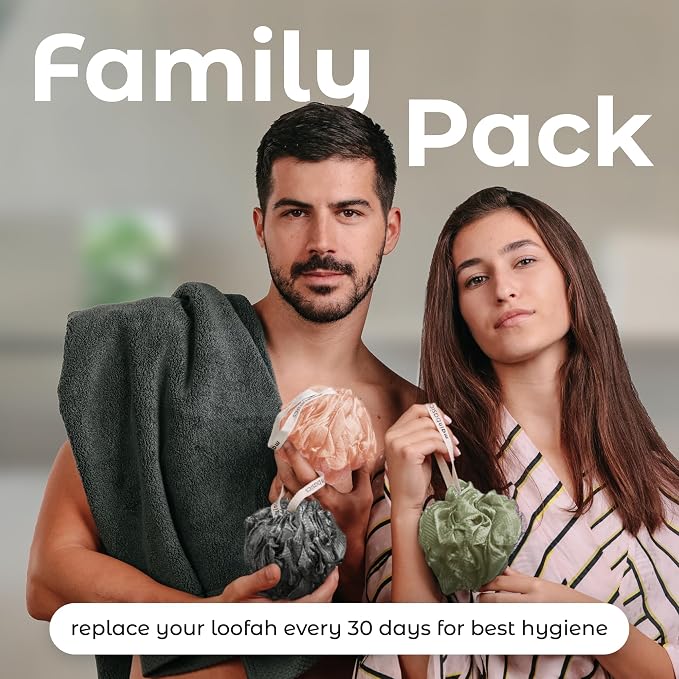 MainBasics Shower Loofah Sponge Pouf, Set of 3, Earthy Love | Soft Mesh Body Scrubber and Bath Sponge for Gentle Exfoliation, Rich Lather, and Everyday Shower Use
