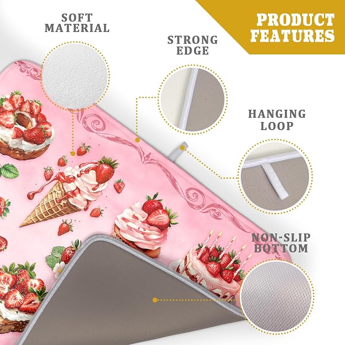 Strawberry Dish Drying Rack Mat Pink Absorbent Microfiber Dish Drying Mat for Kitchen Counter 18x24 In