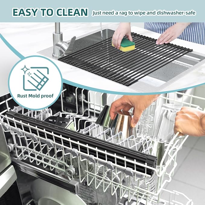 Ohuhu Sink Drying Rack, 20.5" W x 16.1" L Over Sink Roll-Up Dish Drainer - Rolling Foldable Accessories Heat-Resistant Mat Anti-Slip Silicone Coated Multipurpose for Kitchen Counter