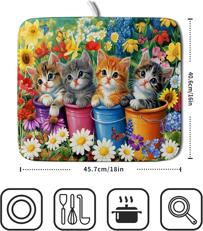 Funny Absorbent Dish Drying Mat Spring Cat Dish Drying Mats for Kitchen Counter Small