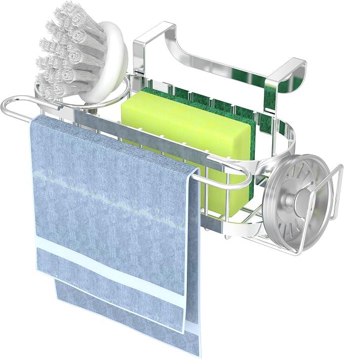 Cisily Kitchen Sink Caddy Sponge Holder in The Sink, Stainless Steel Kitchen Sink Organizer, Brush Holder, Dish Cloth Hanger, Sink Stopper Holder (Hanging-Silver)