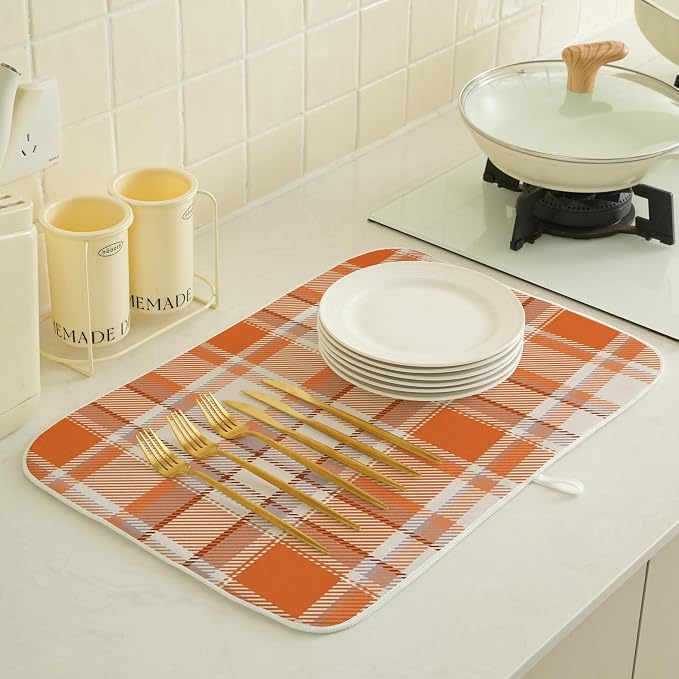 Fall Dish Drying Mat 18x24 Inches For Kitchen Counter Orange Plaid Kitchen Decoration Drying Mat Decorative Autumn Thanksgiving Drying Pad for Home Kitchen,Dining Room,Office Decor